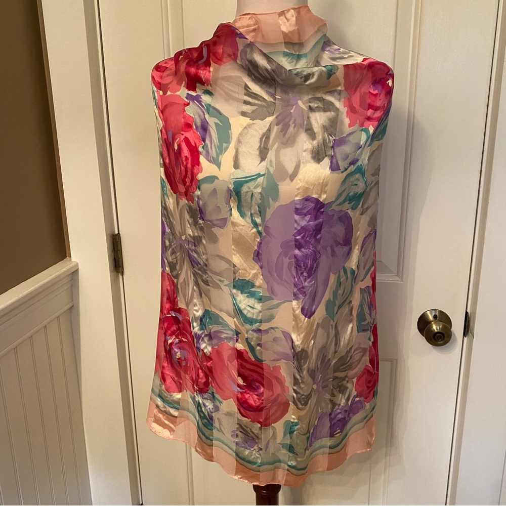 HIROKO KAPP JAPAN SCARF PINK BLUE GREEN WHITE FLORAL SHEER SILK LARGE SQUARE